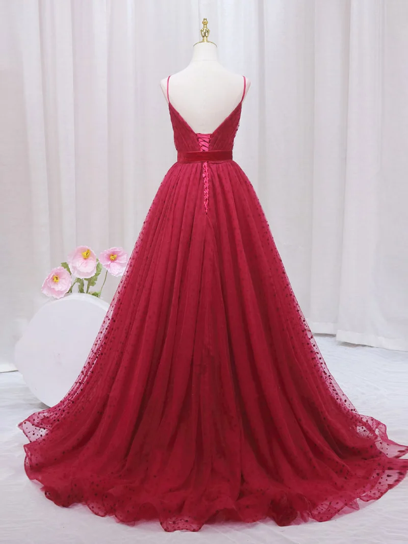 Robe de bal rouge à bretelles spaghetti, robe de bal en tulle à pois, robe formelle