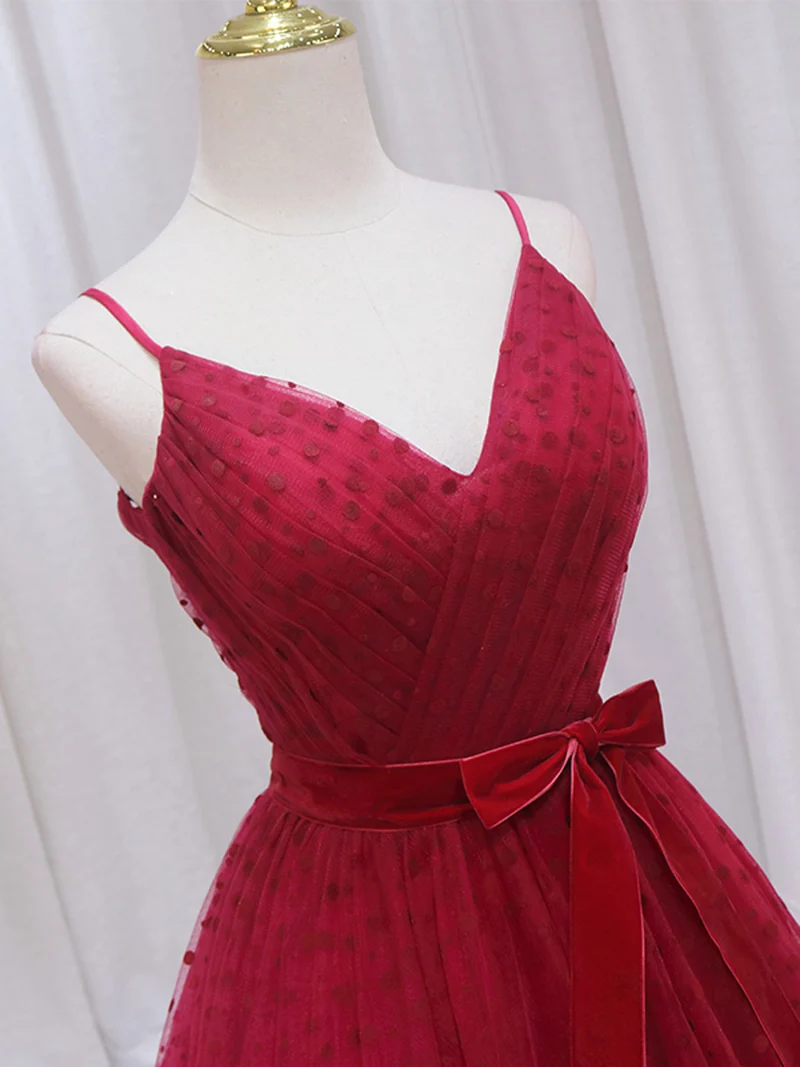 Robe de bal rouge à bretelles spaghetti, robe de bal en tulle à pois, robe formelle