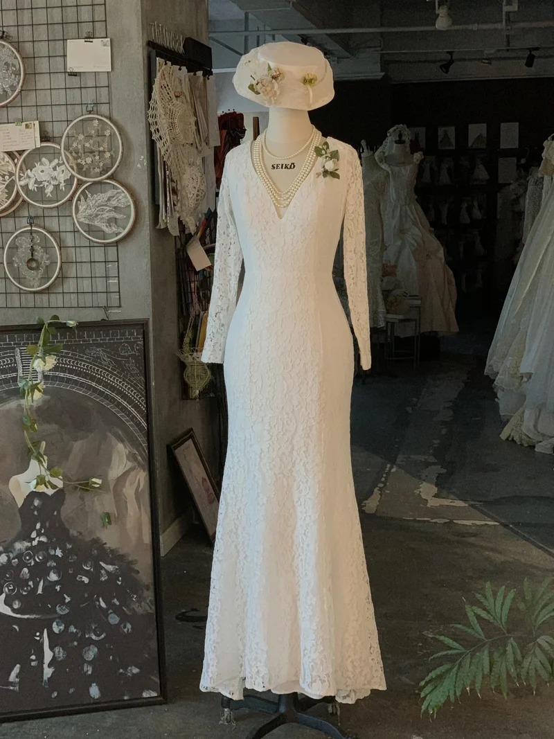 Robe de mariée classique en dentelle vintage, longueur au sol