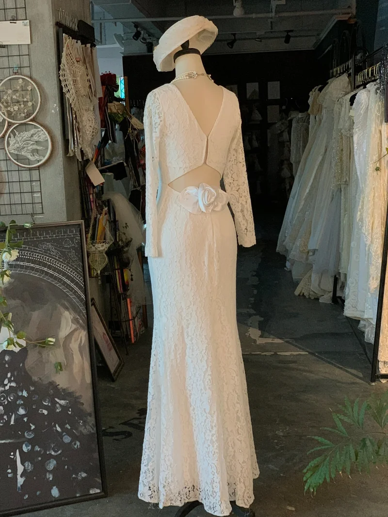 Robe de mariée classique en dentelle vintage, longueur au sol