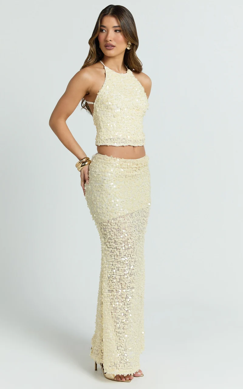 Celeste Maxi Skirt - Sequin Fit And Flare Skirt in Lemon