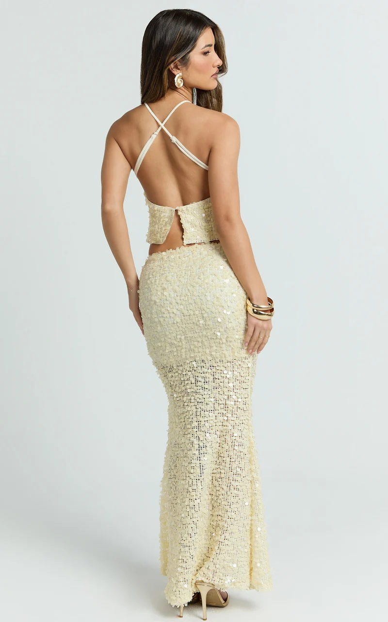 Celeste Maxi Skirt - Sequin Fit And Flare Skirt in Lemon