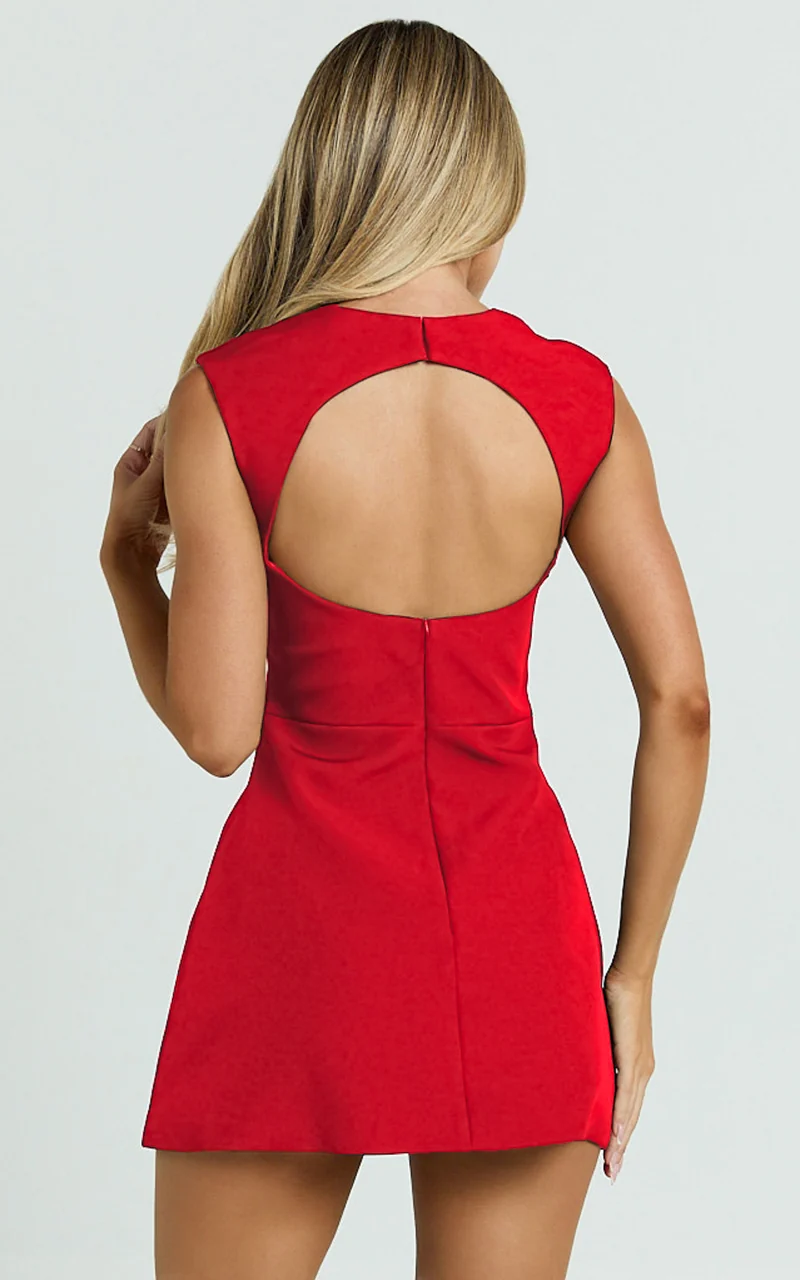 Sakura Mini Dress - Square Neck Wide Strap A Line Skirt Dress in Red