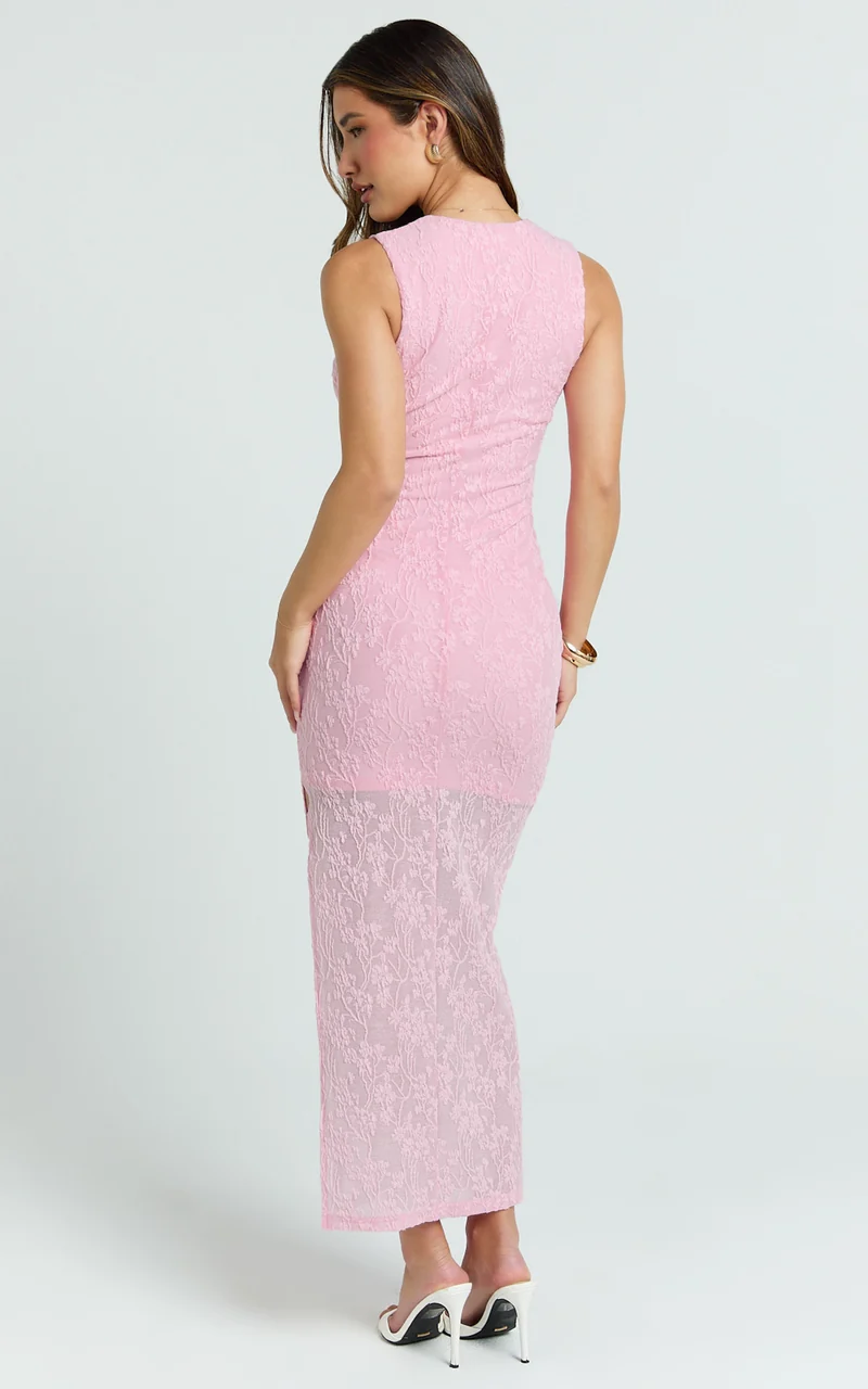 Eira Midi Dress - Jacquard Plunge Bodycon Dress in Pink