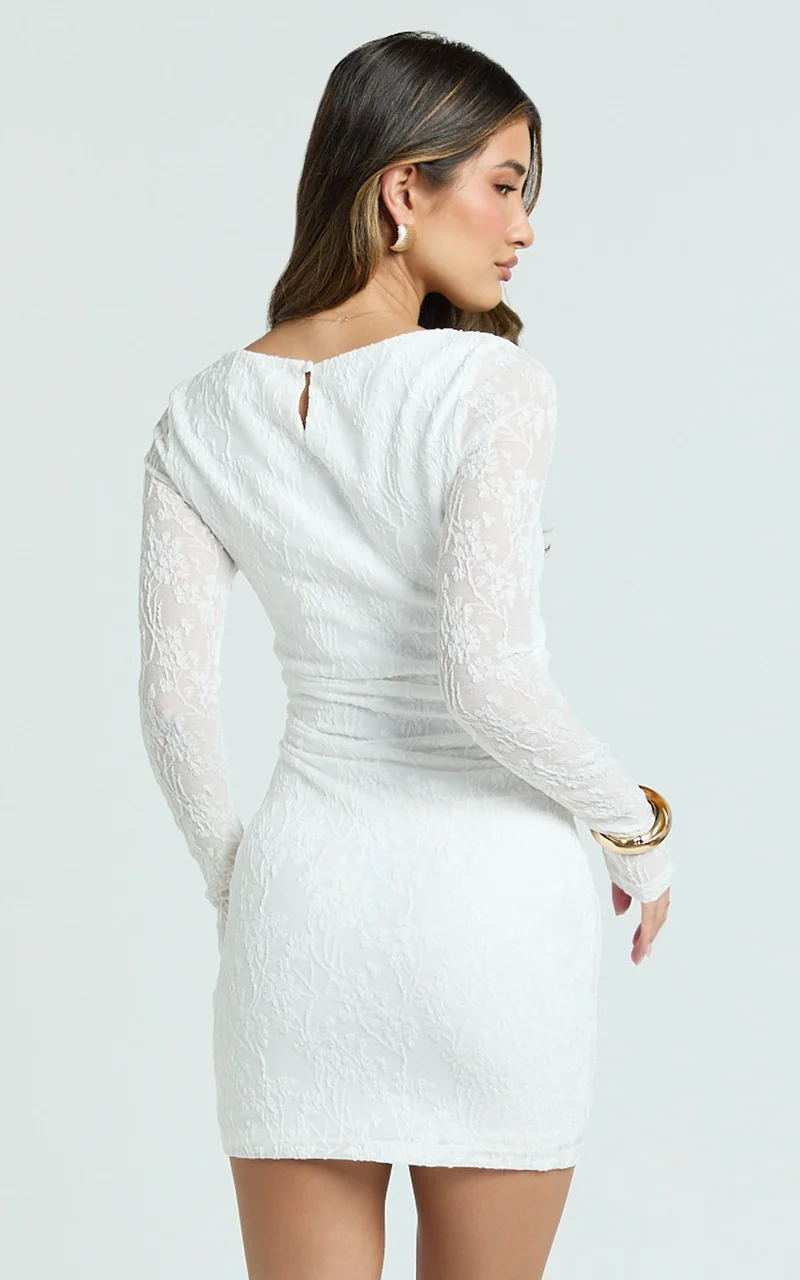 Eira Mini Dress - Lace High Neck Bodycon Dress in Off White