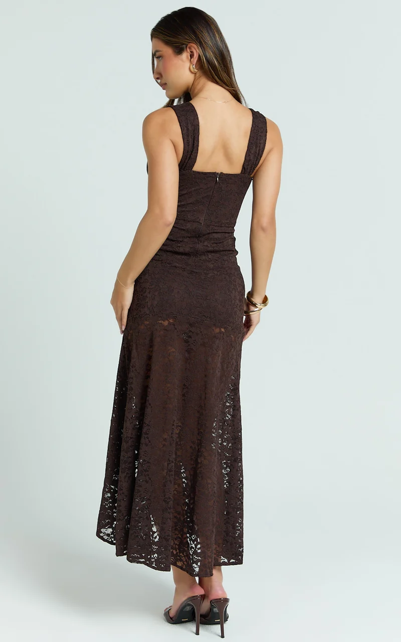 Rosanna Midi Dress - Plunge Lace Fit And Flare Dress in Chocolate