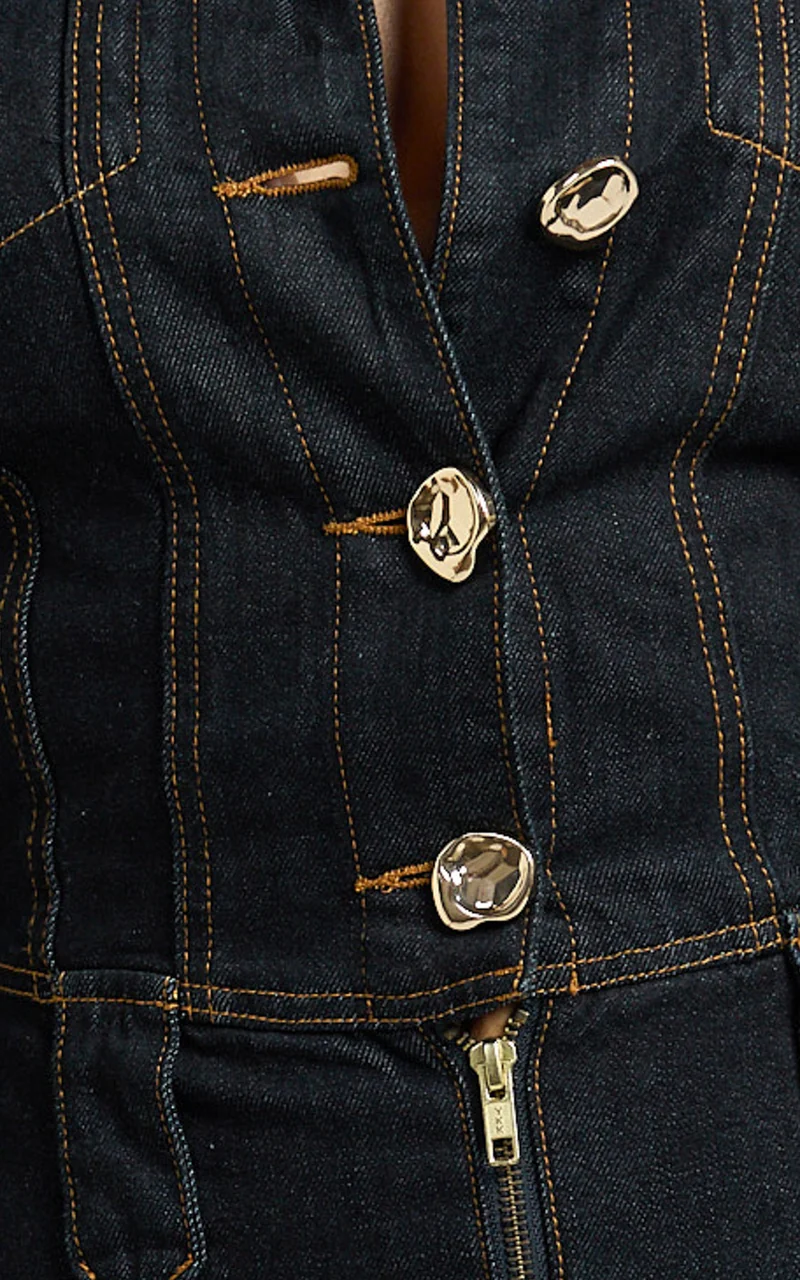 Fabia Mini Dress - Denim Hardware Button Front Fitted Shirt Dress in Dark Wash