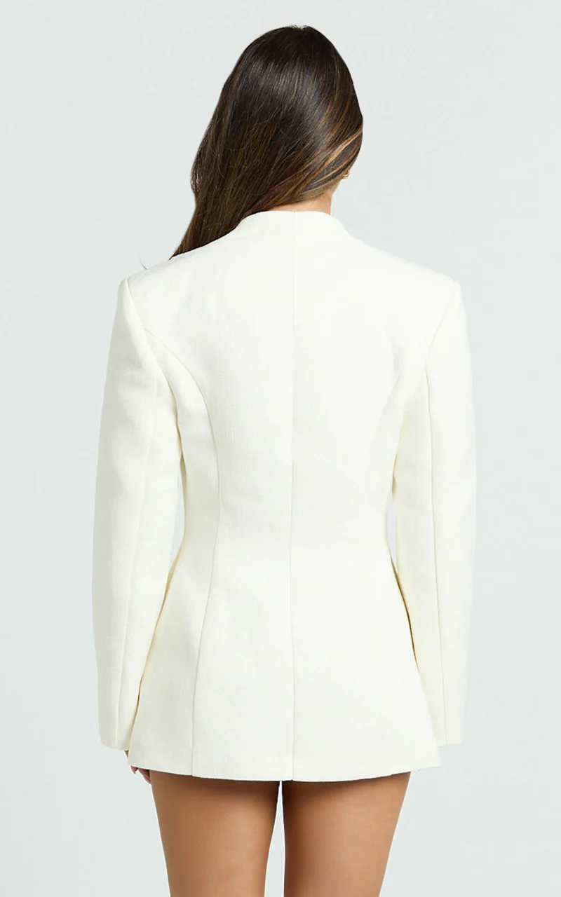 Hepburn Mini Dress - Gold Hardware Button Detail Wrap Front Blazer Dress in White