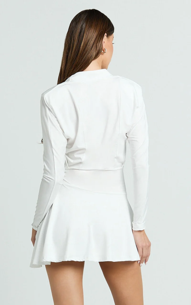 Cannes Mini Dress - Jersey Wrap Hardware Detail Flounce Skirt Dress in Off White