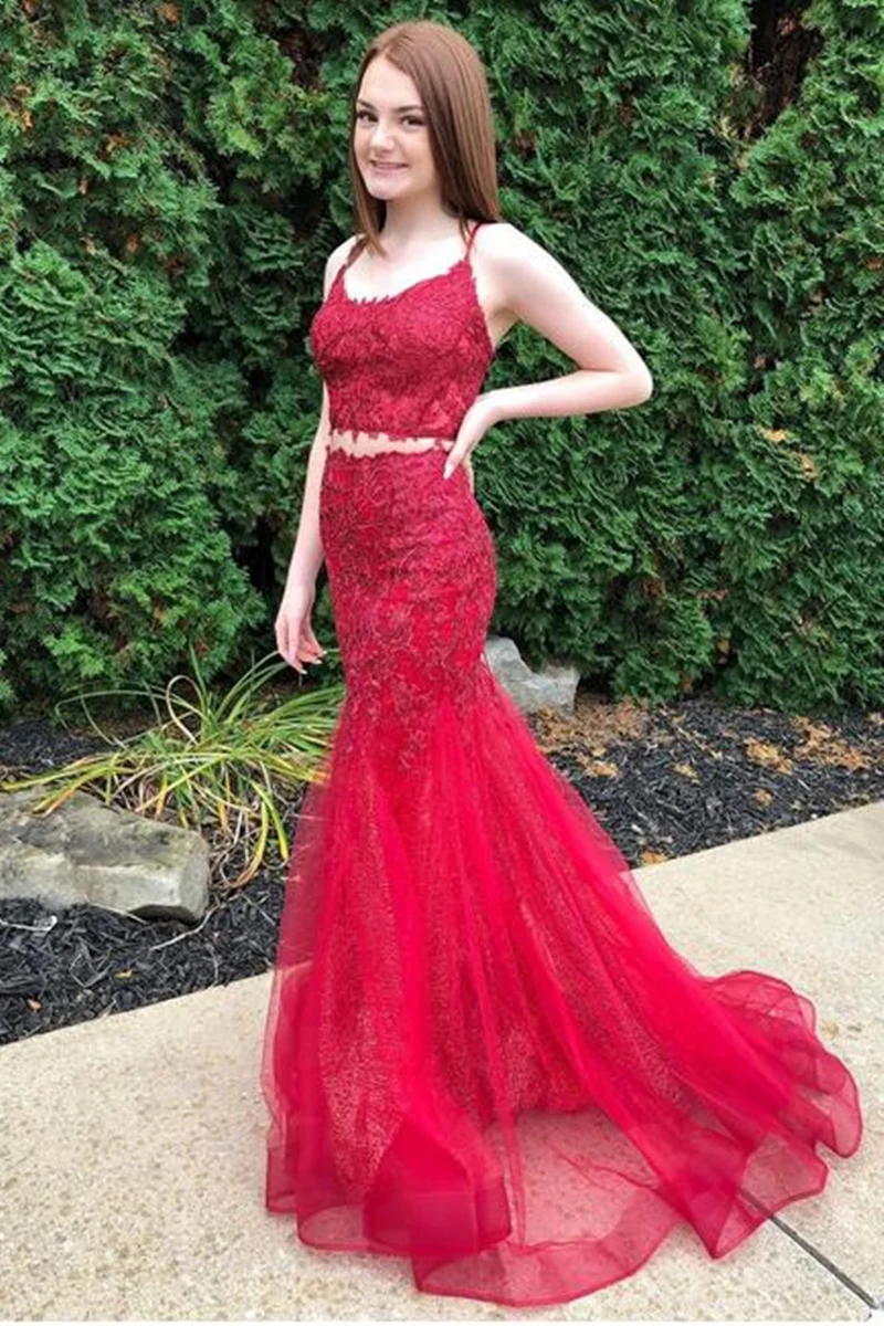 Robe de bal longue deux pièces en tulle et dentelle à bretelles spaghetti rouge