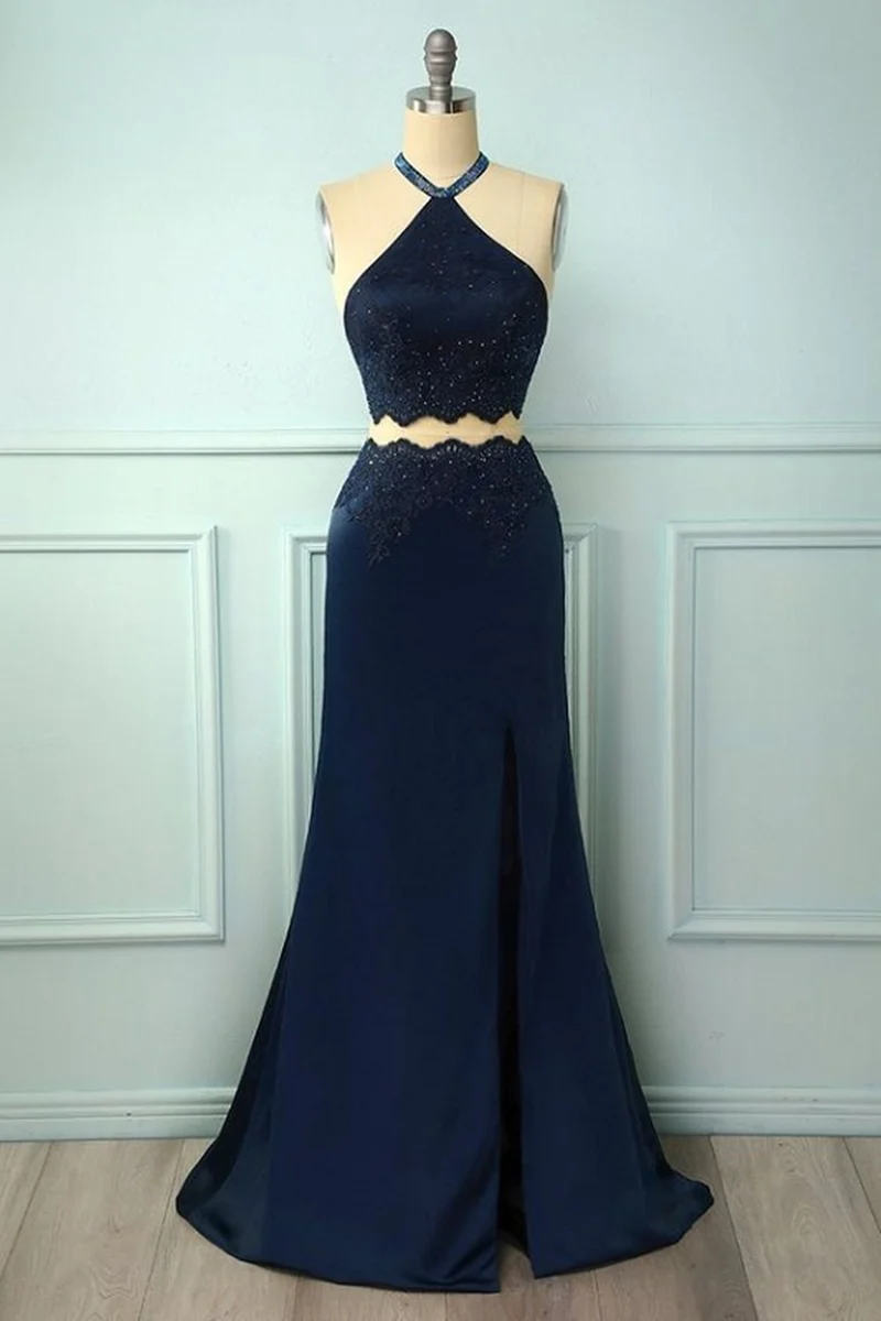 Robe de bal longue ajustée deux pièces bleu marine avec fente