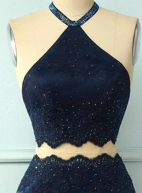 Robe de bal longue ajustée deux pièces bleu marine avec fente