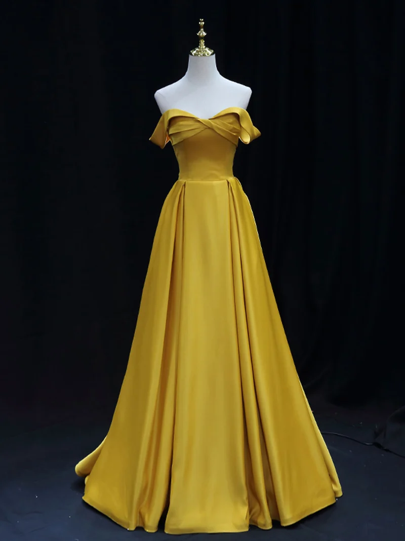 Robe de bal jaune en satin trapèze sans bretelles, robe formelle