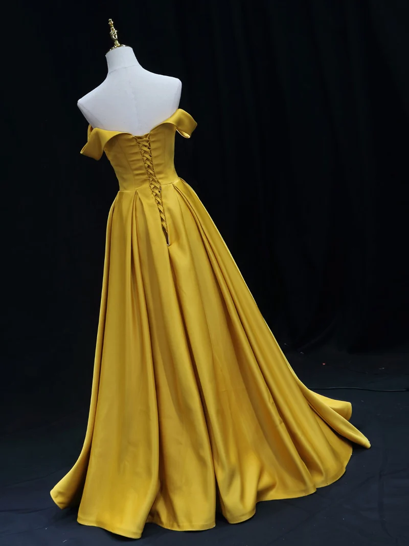 Robe de bal jaune en satin trapèze sans bretelles, robe formelle
