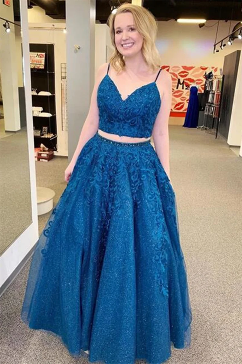 Robe de bal longue en deux pièces en dentelle à bretelles spaghetti bleu royal