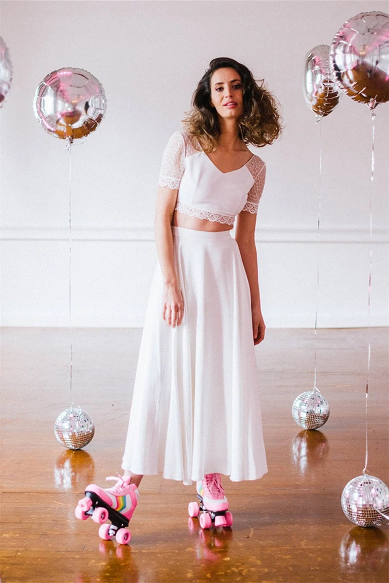 Robe de mariée informelle deux pièces à manches courtes et longueur cheville