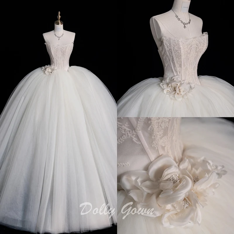 Robe de mariée princesse sans bretelles avec corset transparent et robe de bal