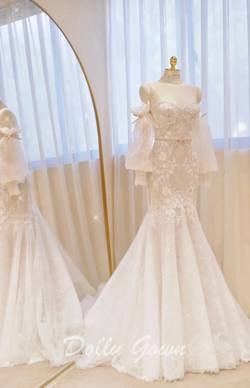 Robe de mariée sirène en dentelle à manches longues et épaules dénudées Exquiste