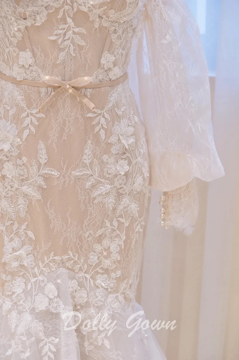 Robe de mariée sirène en dentelle à manches longues et épaules dénudées Exquiste