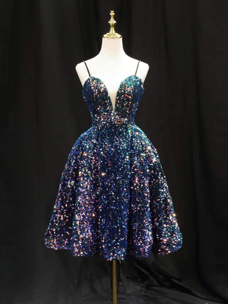 Robe de soirée bleue à paillettes scintillantes, bretelles trapèze courtes