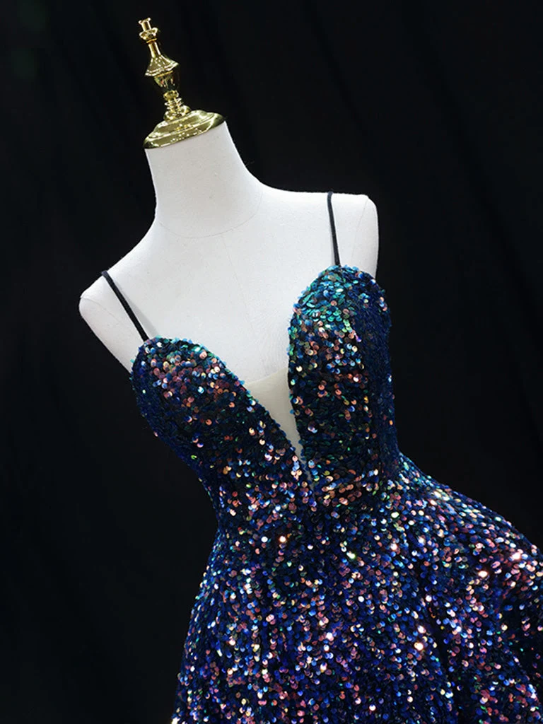 Robe de soirée bleue à paillettes scintillantes, bretelles trapèze courtes