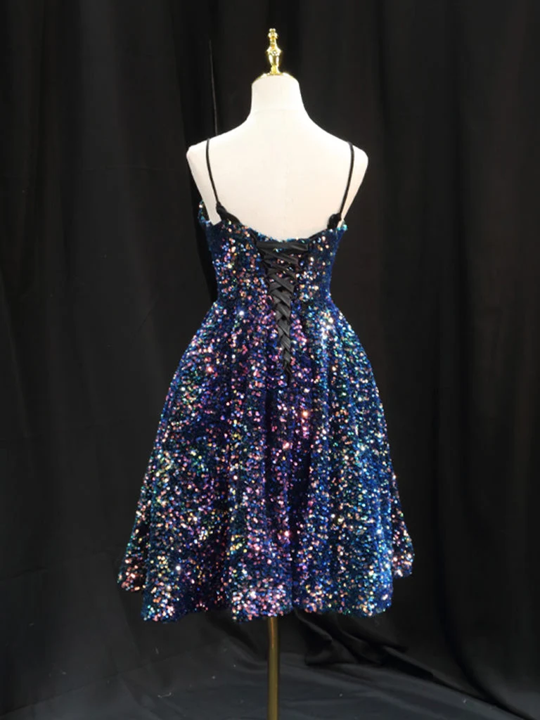 Robe de soirée bleue à paillettes scintillantes, bretelles trapèze courtes
