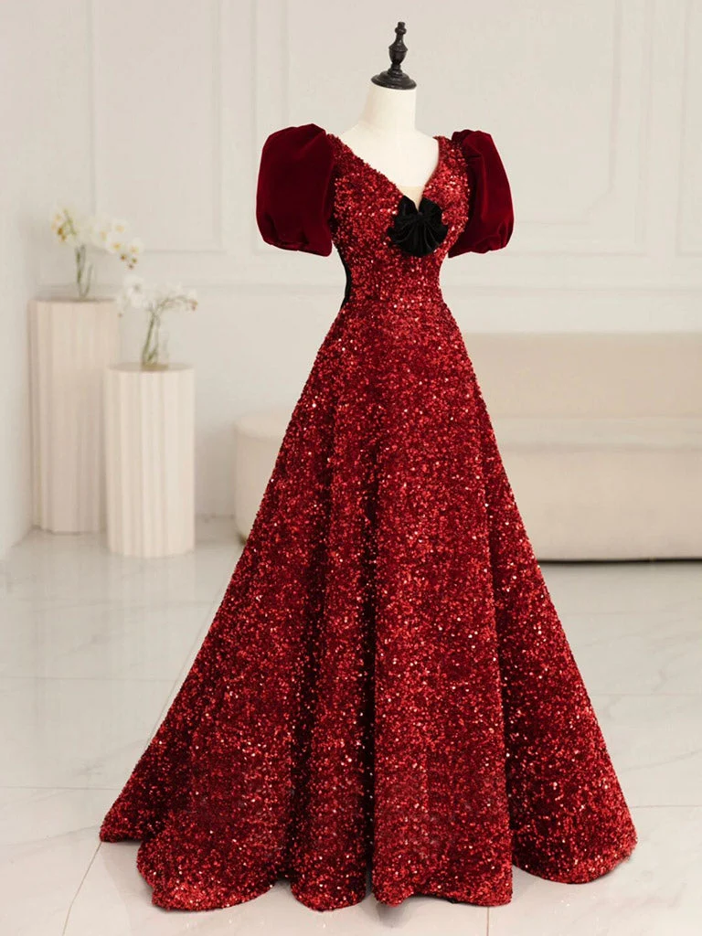 Robe de bal trapèze bordeaux à paillettes et manches à bulles