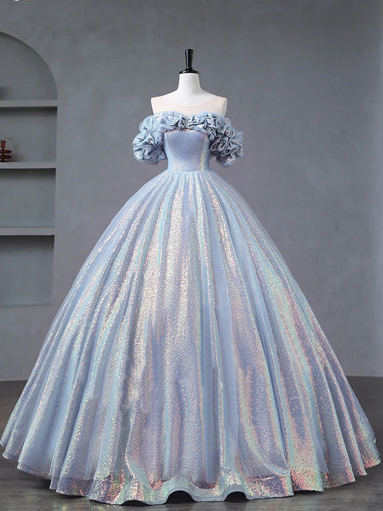 Illusion froissée sur l'épaule robe de bal bleu clair robe de Quinceanera