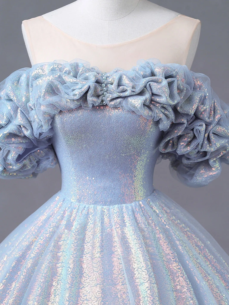 Illusion froissée sur l'épaule robe de bal bleu clair robe de Quinceanera