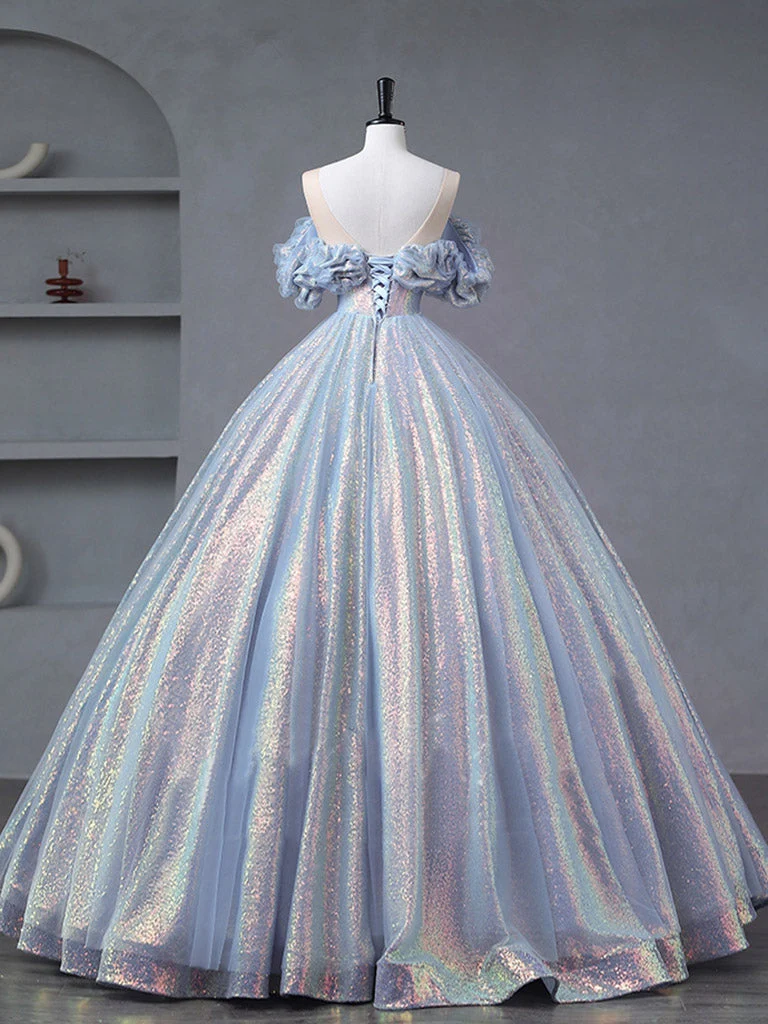 Illusion froissée sur l'épaule robe de bal bleu clair robe de Quinceanera