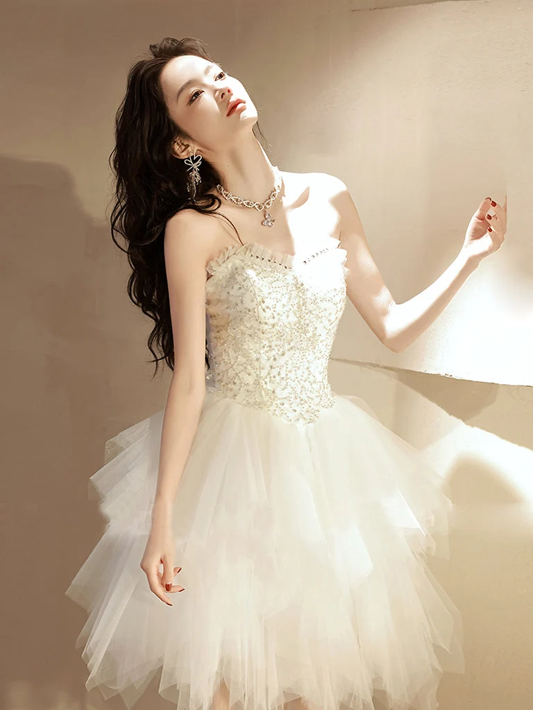 Robe de soirée blanche adorable asymétrique sans bretelles