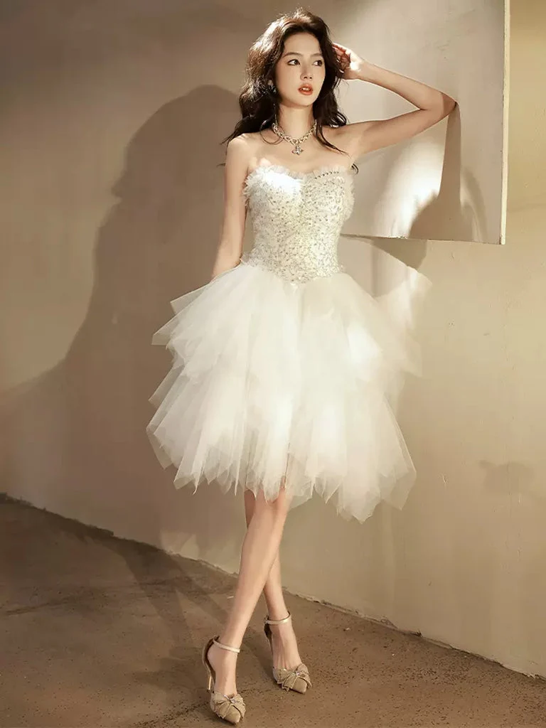 Robe de soirée blanche adorable asymétrique sans bretelles