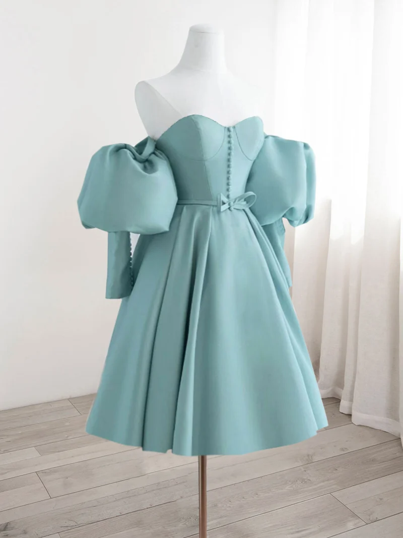 Robe de bal courte bleu sarcelle pâle, épaules dénudées, manches à bulles