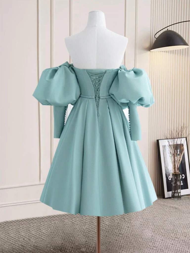 Robe de bal courte bleu sarcelle pâle, épaules dénudées, manches à bulles