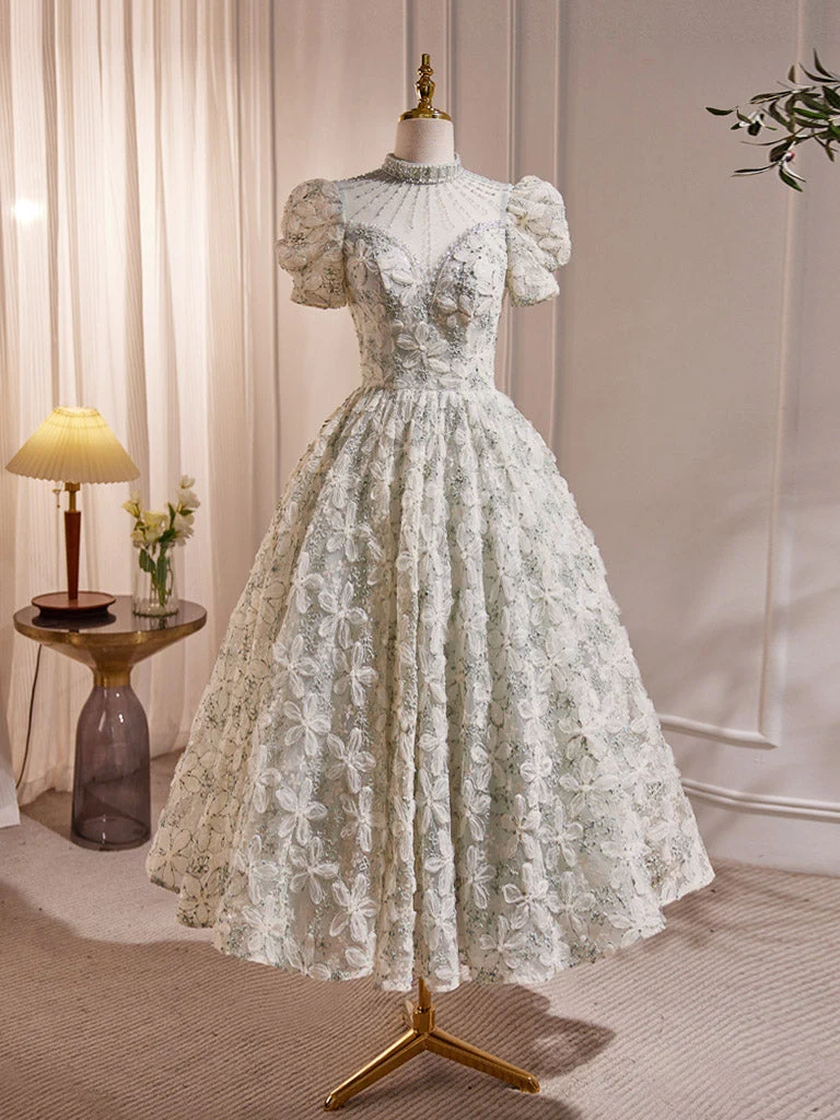 Robe de bal modeste en matériau Flora 3D, longueur mollet, manches courtes