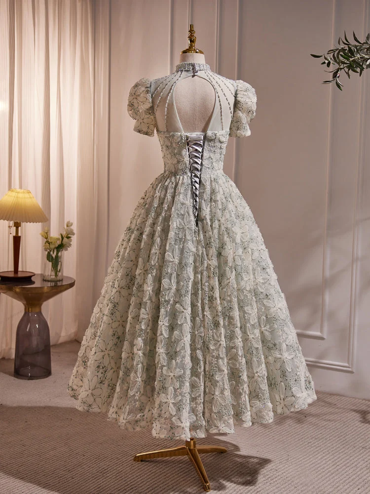 Robe de bal modeste en matériau Flora 3D, longueur mollet, manches courtes