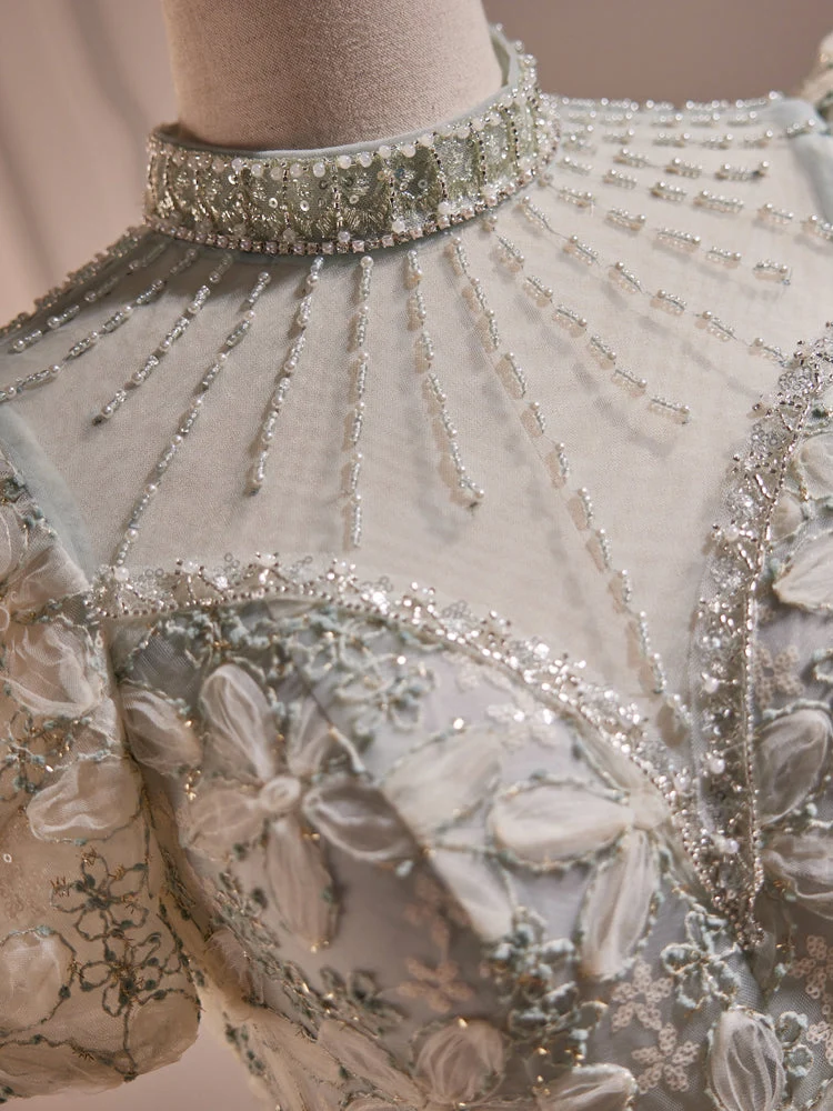 Robe de bal modeste en matériau Flora 3D, longueur mollet, manches courtes