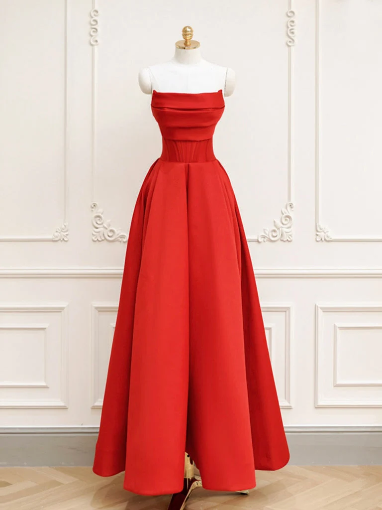 Robe de bal trapèze longue en satin rouge simple