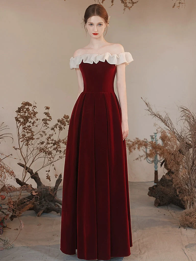 Robe de bal longue trapèze bordeaux à épaules dénudées