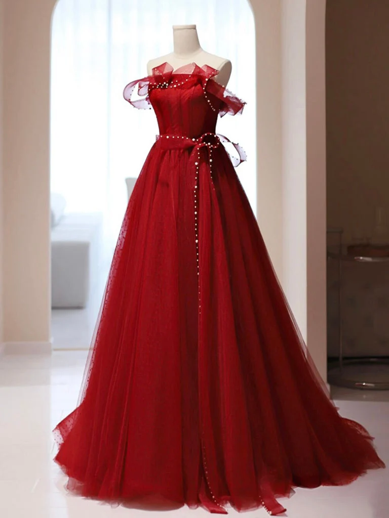Robe de bal rouge en tulle à épaules dénudées, robe de remise de diplôme