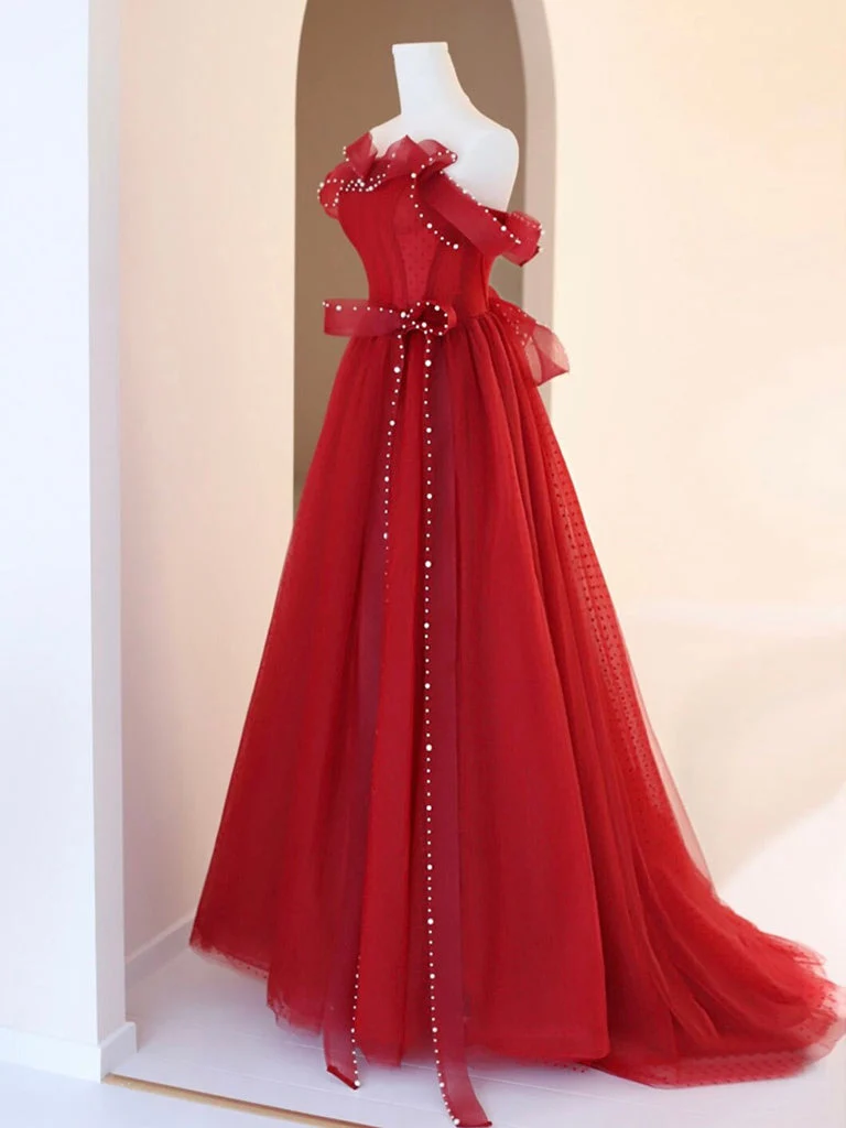 Robe de bal rouge en tulle à épaules dénudées, robe de remise de diplôme