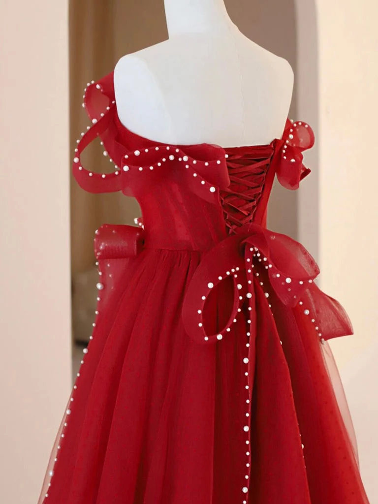 Robe de bal rouge en tulle à épaules dénudées, robe de remise de diplôme