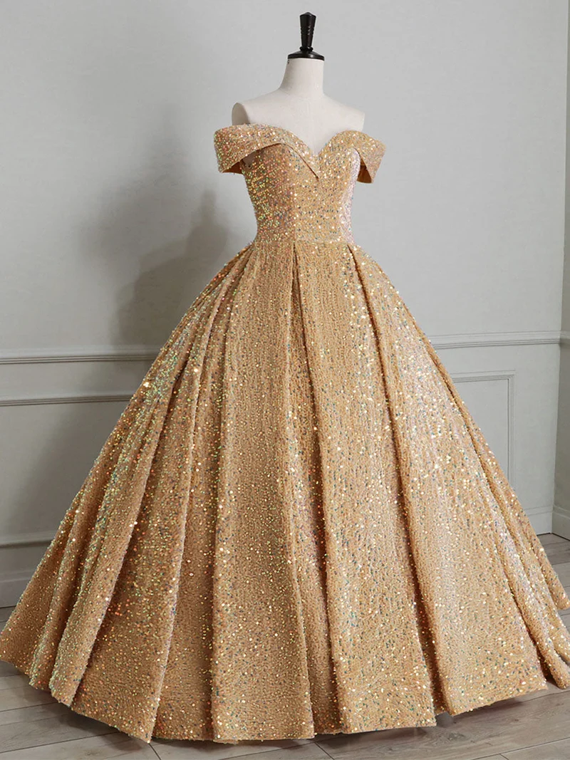 Robe de bal dorée à paillettes, épaules dénudées, robe de Quinceanera formelle