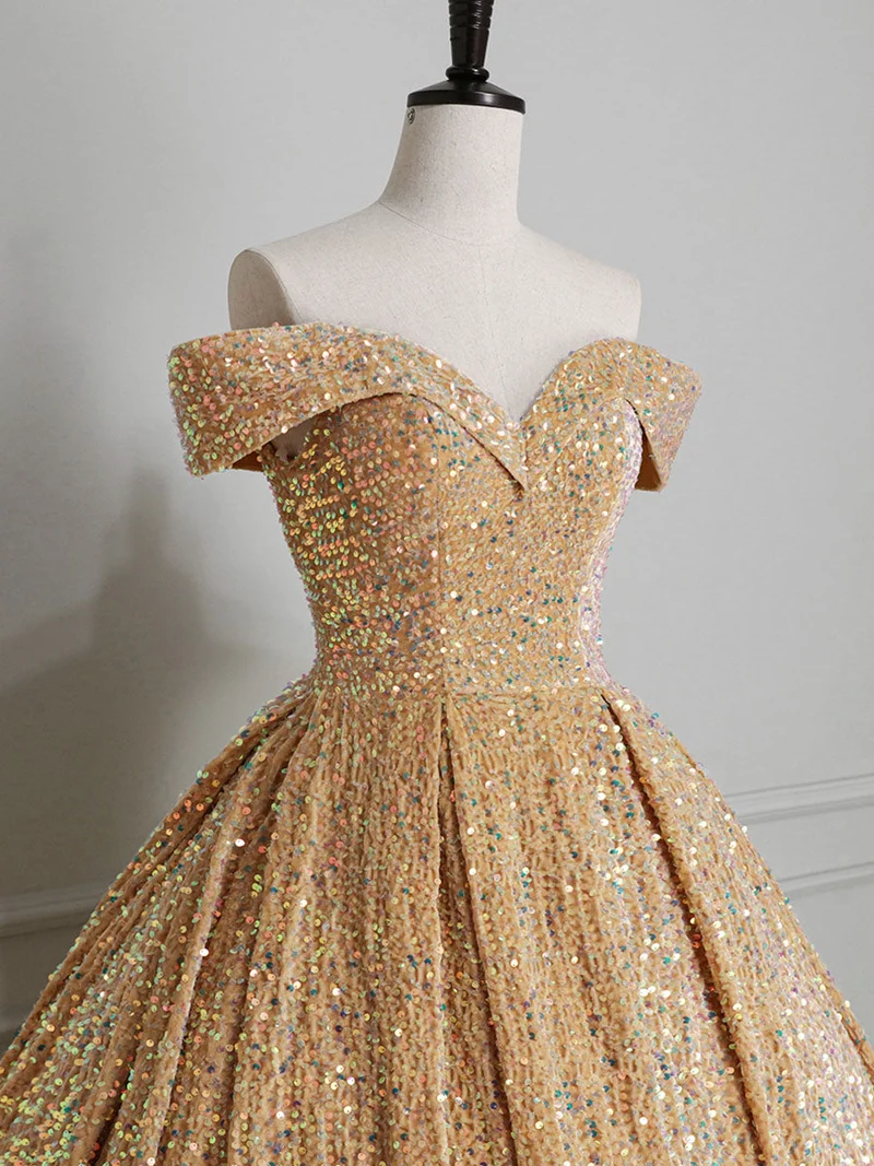 Robe de bal dorée à paillettes, épaules dénudées, robe de Quinceanera formelle