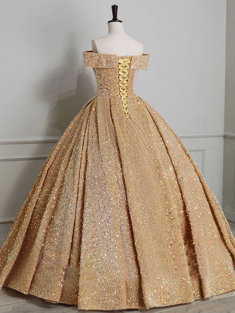 Robe de bal dorée à paillettes, épaules dénudées, robe de Quinceanera formelle
