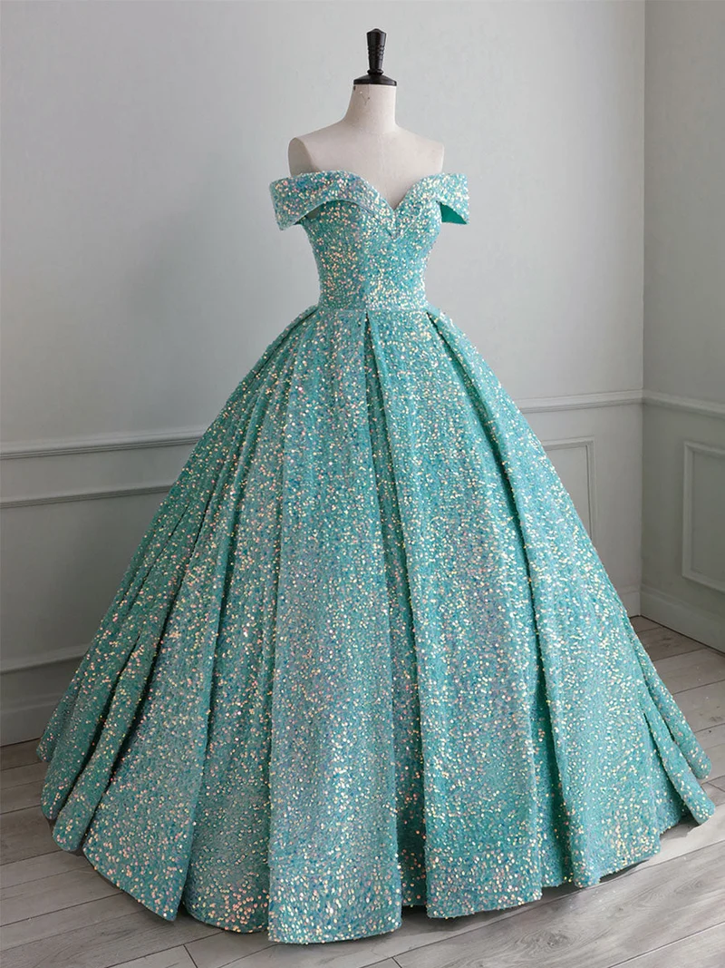 Robe de bal dorée à paillettes, épaules dénudées, robe de Quinceanera formelle