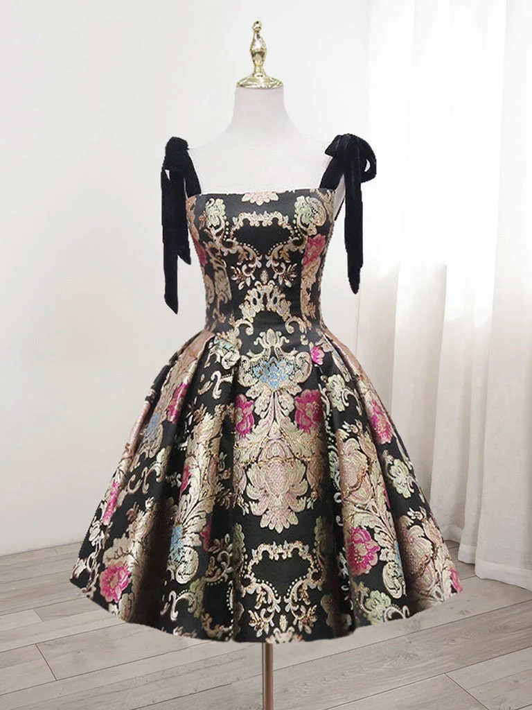 Robe de soirée courte imprimée noire, robe de danse de 8e année