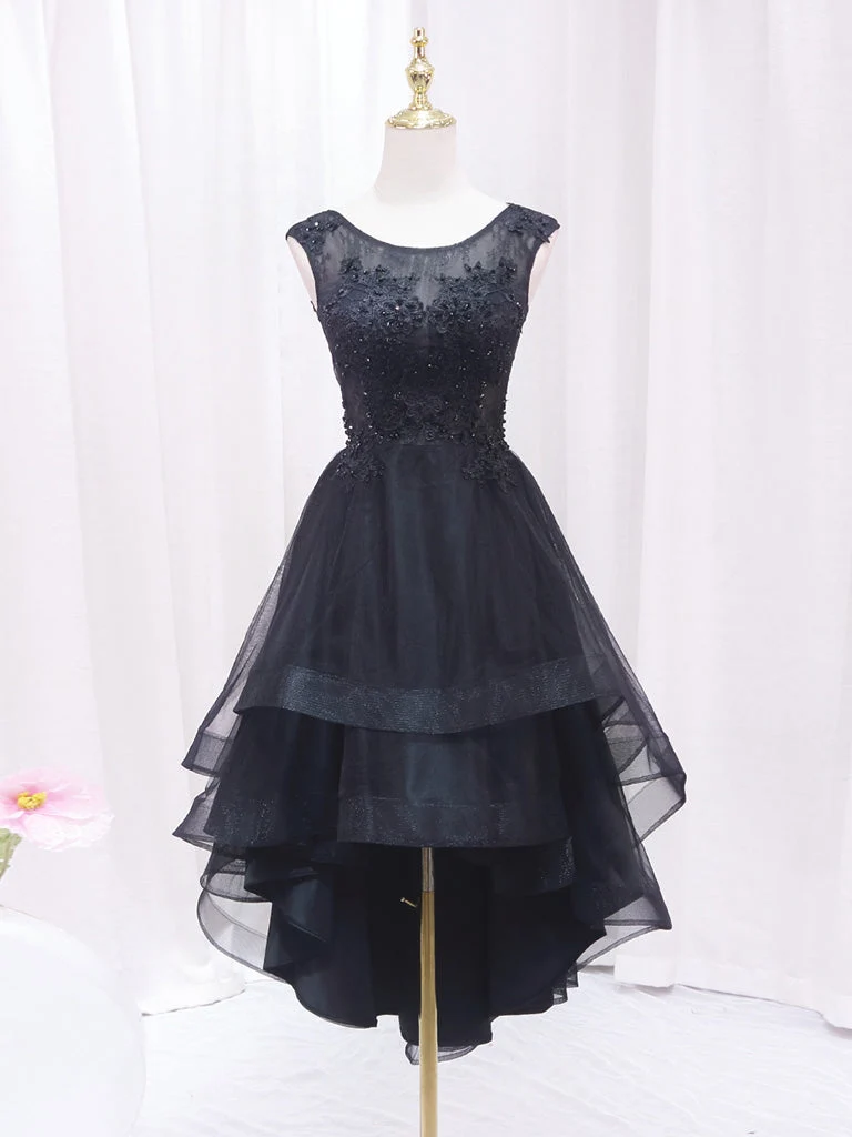 Robe de bal courte noire en dentelle et tulle A-Line | Robe de soirée noire haute et basse