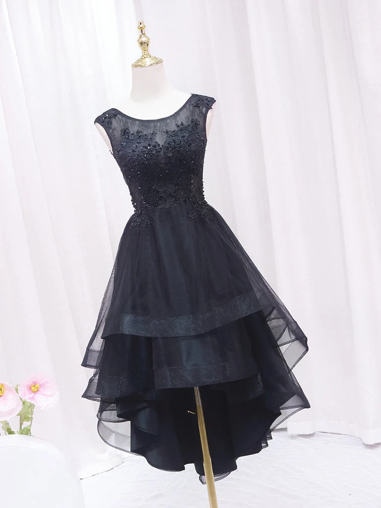 Robe de bal courte noire en dentelle et tulle A-Line | Robe de soirée noire haute et basse