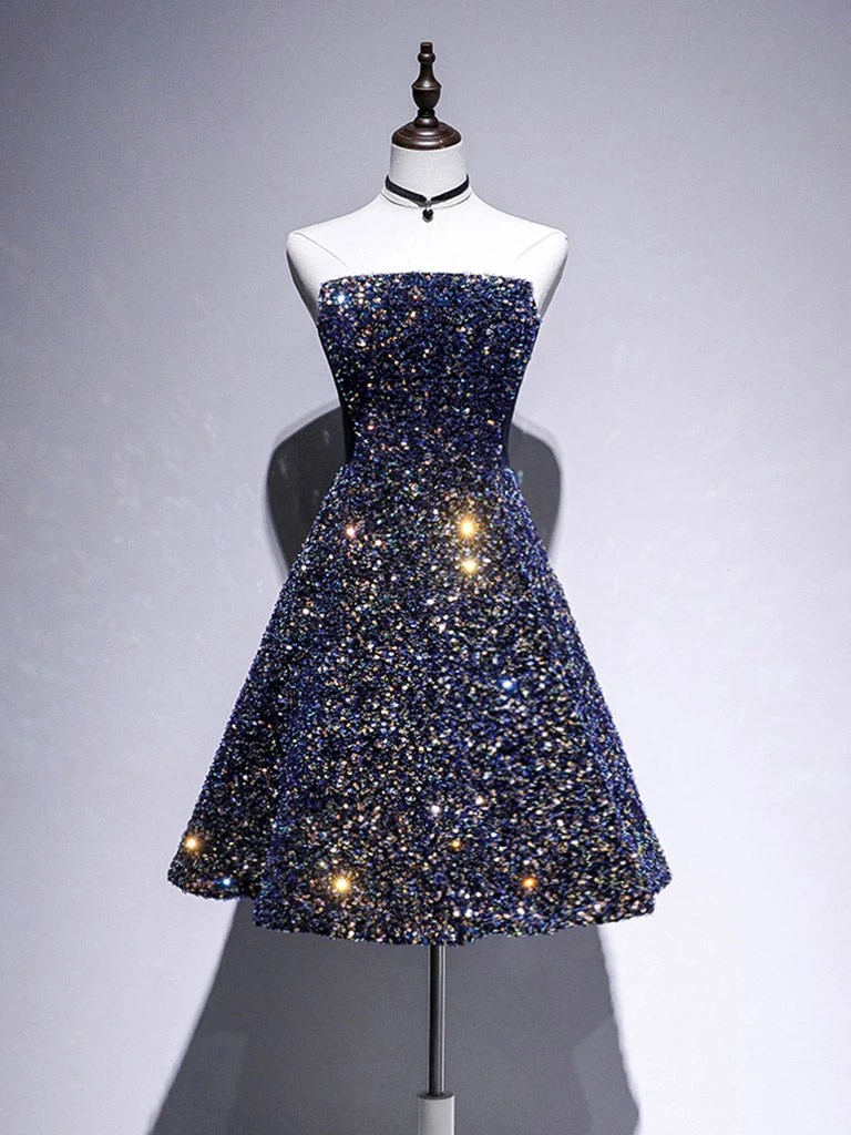 Robe de soirée formelle à paillettes scintillantes bleu marine, robe de remise de diplôme de 8e année